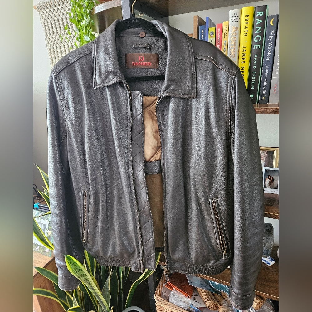 Brown leather bomber